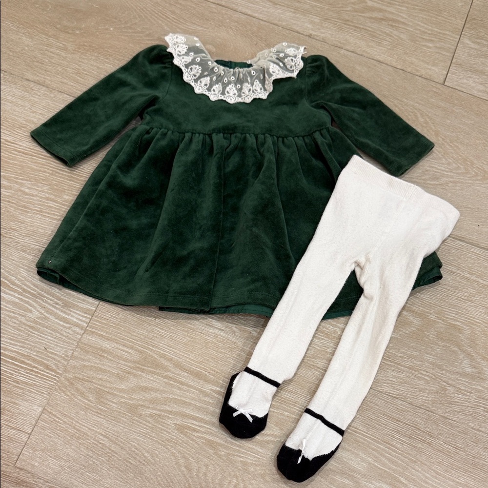 Little Me Green Velvet Baby Girl Christmas Dress with Tights
